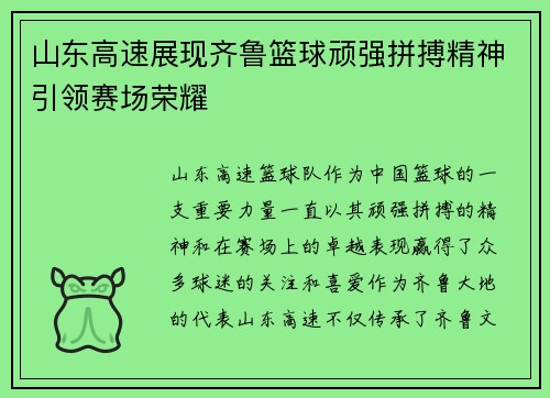 山东高速展现齐鲁篮球顽强拼搏精神引领赛场荣耀